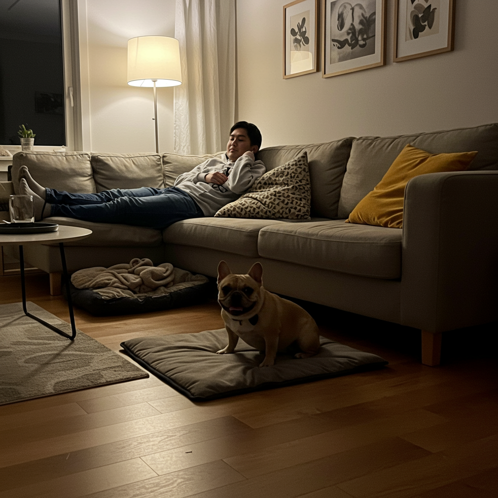 Dog on Bed, Owner on Couch Dog on Bed, Owner on Couch