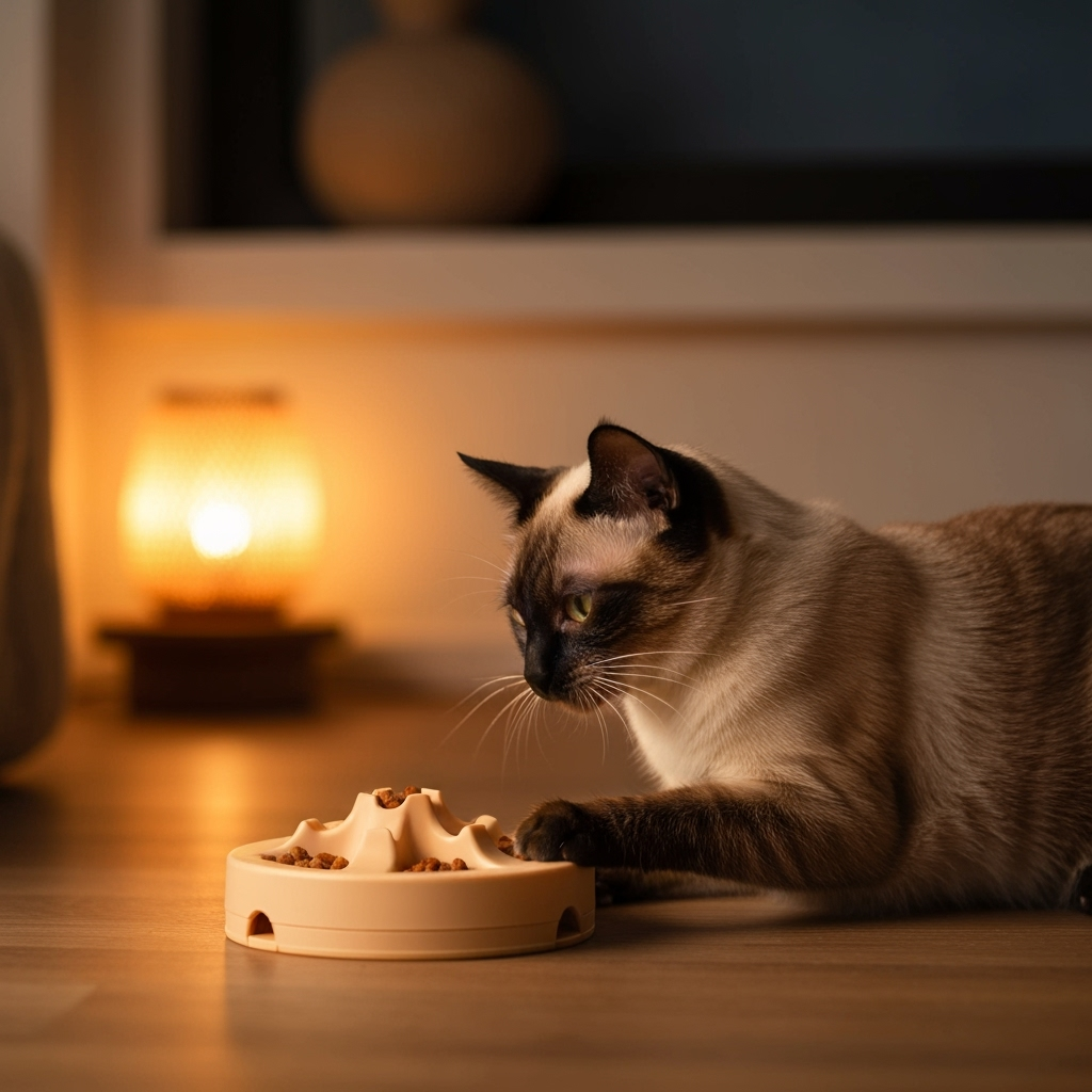 Een pluizige kat lost geconcentreerd een houten voerpuzzel op.