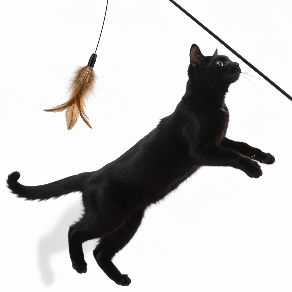 Een getijgerde kat bespiedt een automatisch bewegend veerspeeltje.